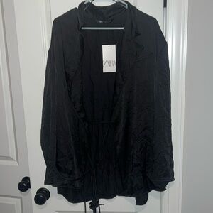 Zara NWT Medium Large Crinkle Kimono Mini Robe Sleepwear Wrap Pajama Black